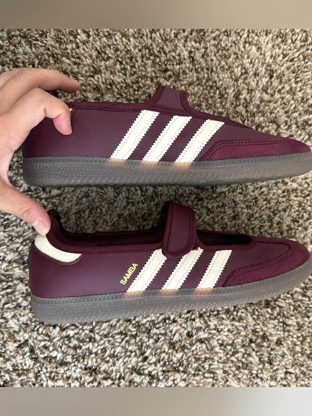 adidas Maroon Mary Jane Flats with White Stripes - Picture 2 of 5